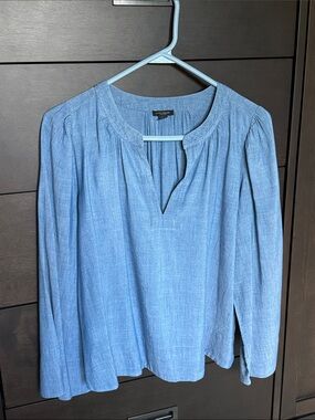 Ann Taylor Chambray Blue Long-Sleeve Split-Neck Blouse